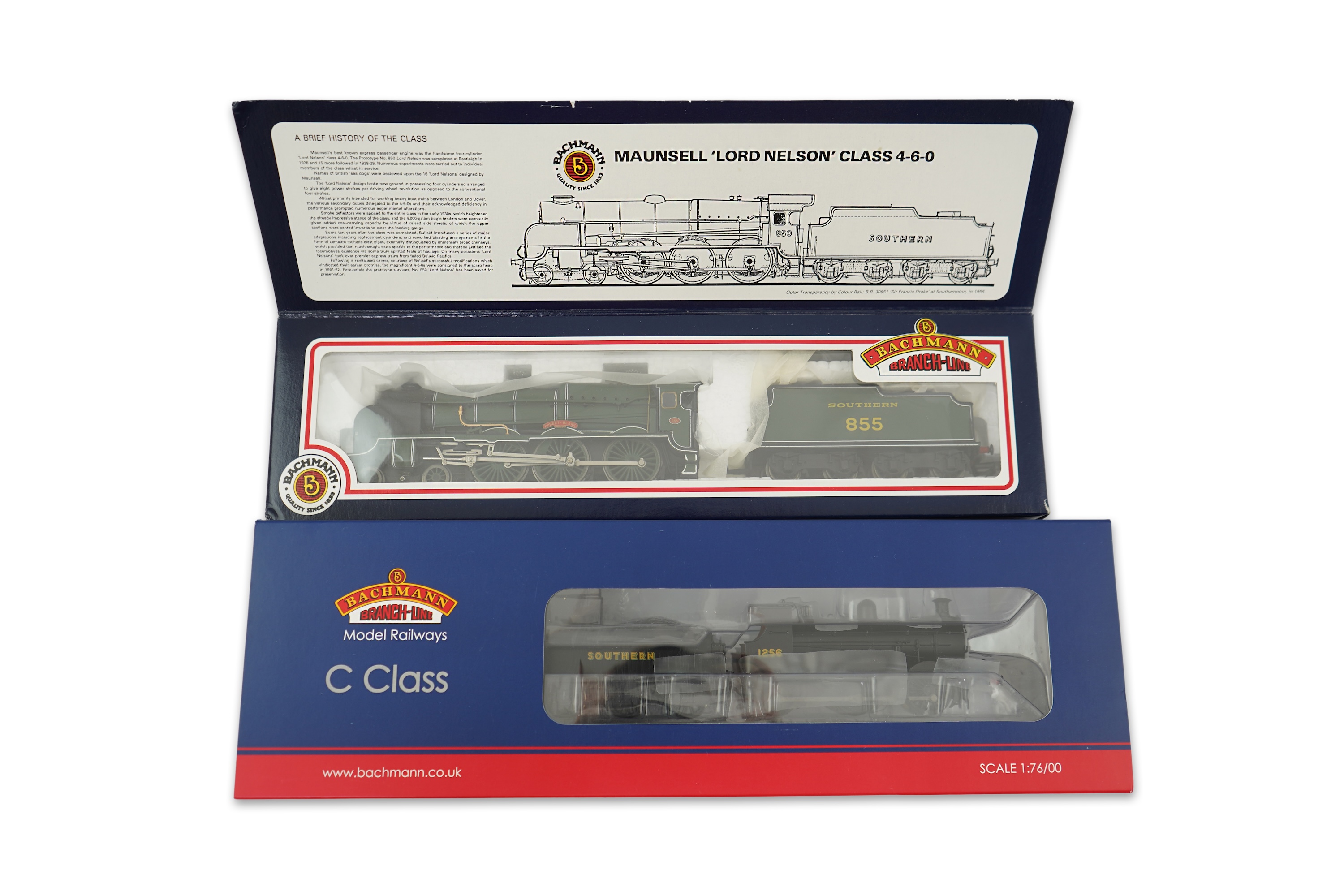 Two boxed Bachmann Branchline 00 gauge railway Southern Railway tender locomotives; a Lord Nelson class, Robert Blake 855 (31-404), together with a C class 1256 (31-461)